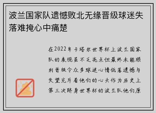 波兰国家队遗憾败北无缘晋级球迷失落难掩心中痛楚