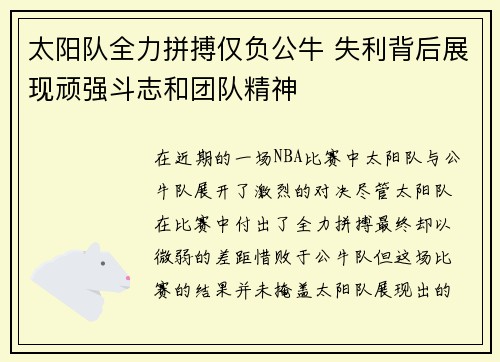 太阳队全力拼搏仅负公牛 失利背后展现顽强斗志和团队精神